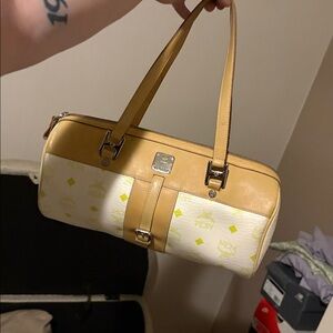 MCM Tan and White and neon yellow papillon Bag